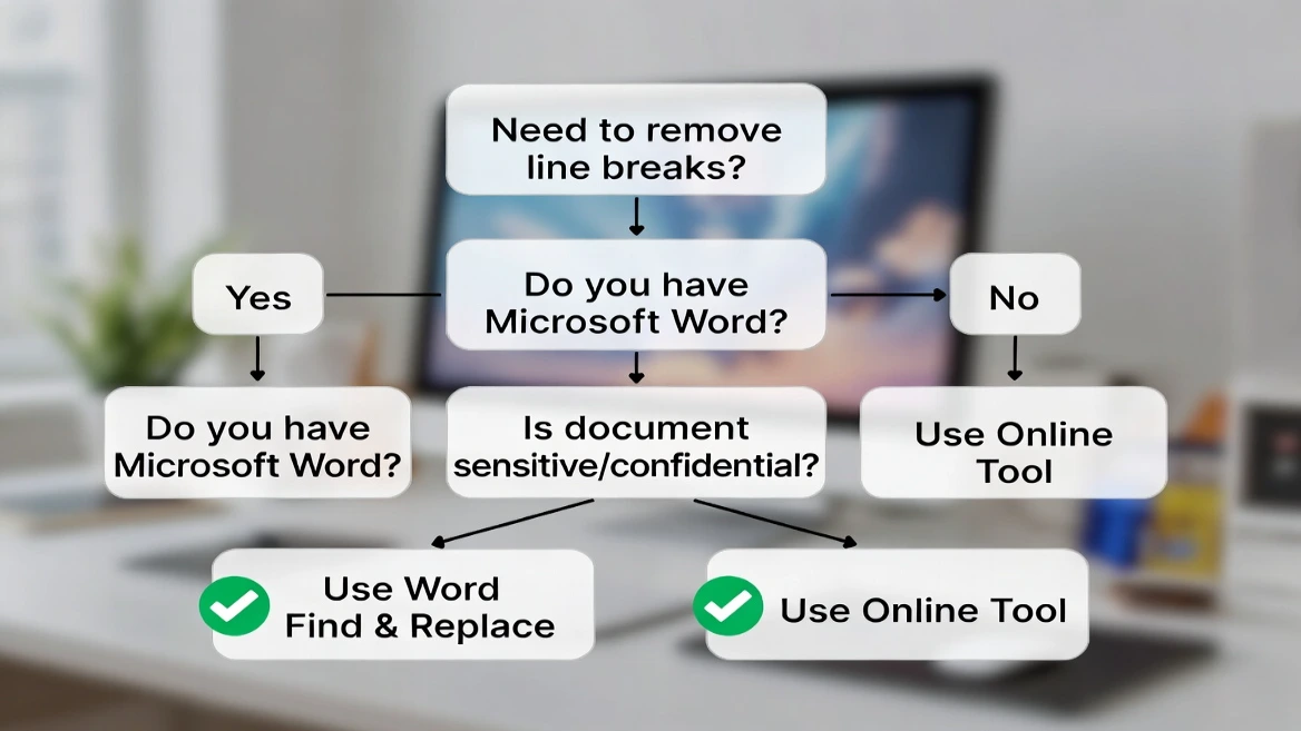 Decision flowchart for choosing between online line break removal tools and Microsoft Word Find Replace method