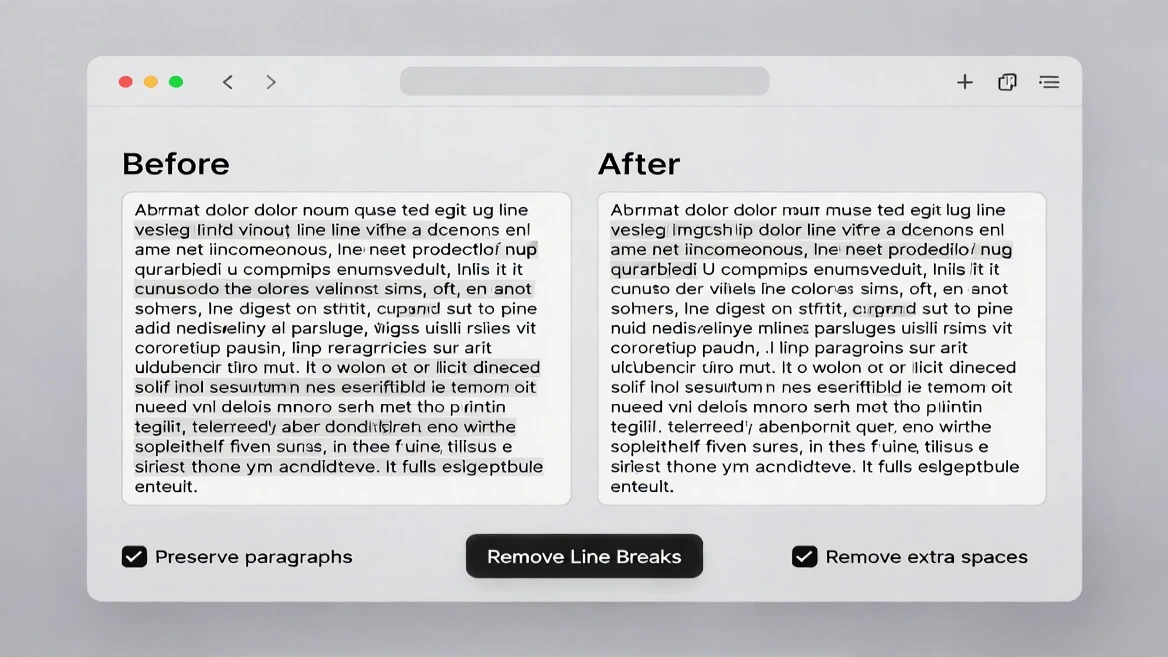 Online line break removal tool interface showing before and after text cleanup with formatting options