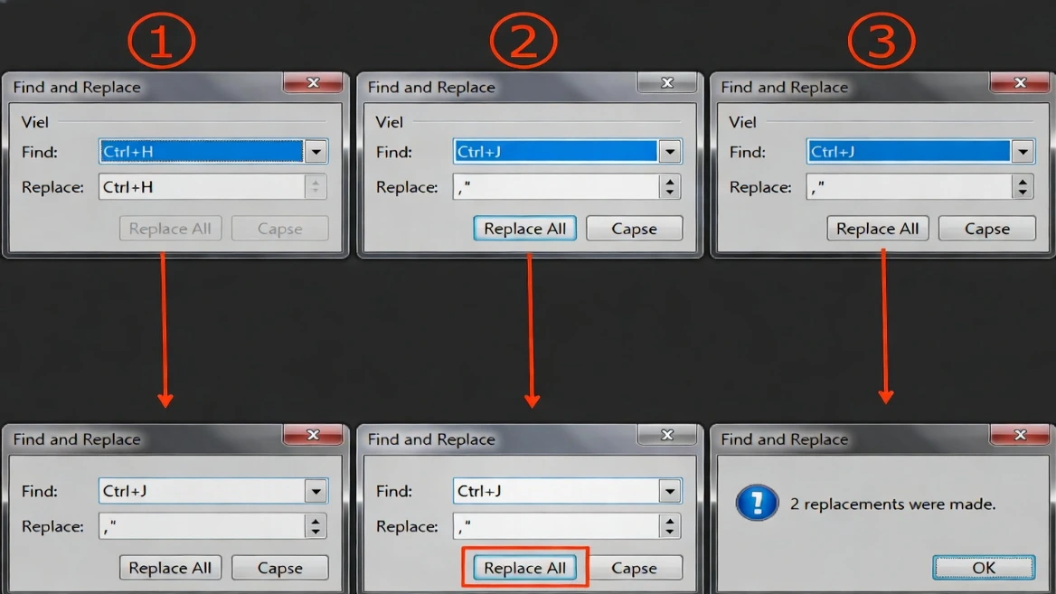 Step-by-step screenshots of using Excel Find and Replace to remove line breaks