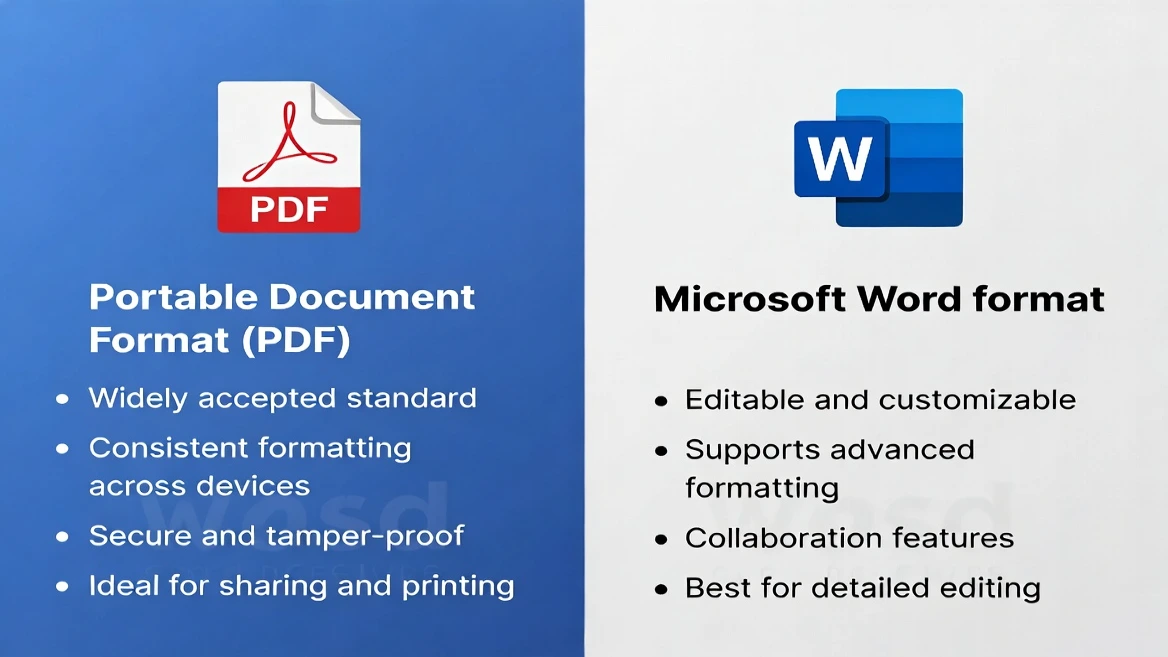 Comparison diagram: PDF stores text with positioning coordinates while Word stores semantic structure