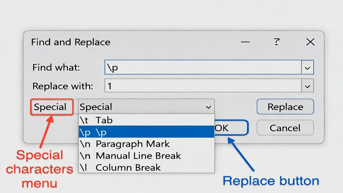 Microsoft Word Find and Replace dialog showing paragraph mark special character code ^p for line break removal