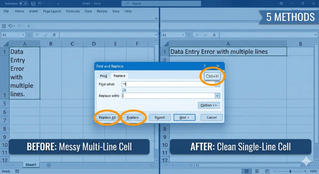 Before and after example of removing line breaks in Excel cells using Find and Replace method
